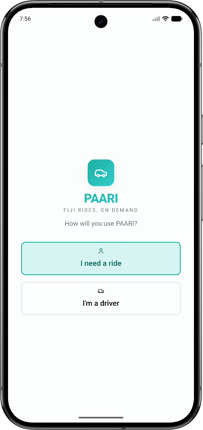 Paari app welcome screen asking whether you need a ride or are a driver